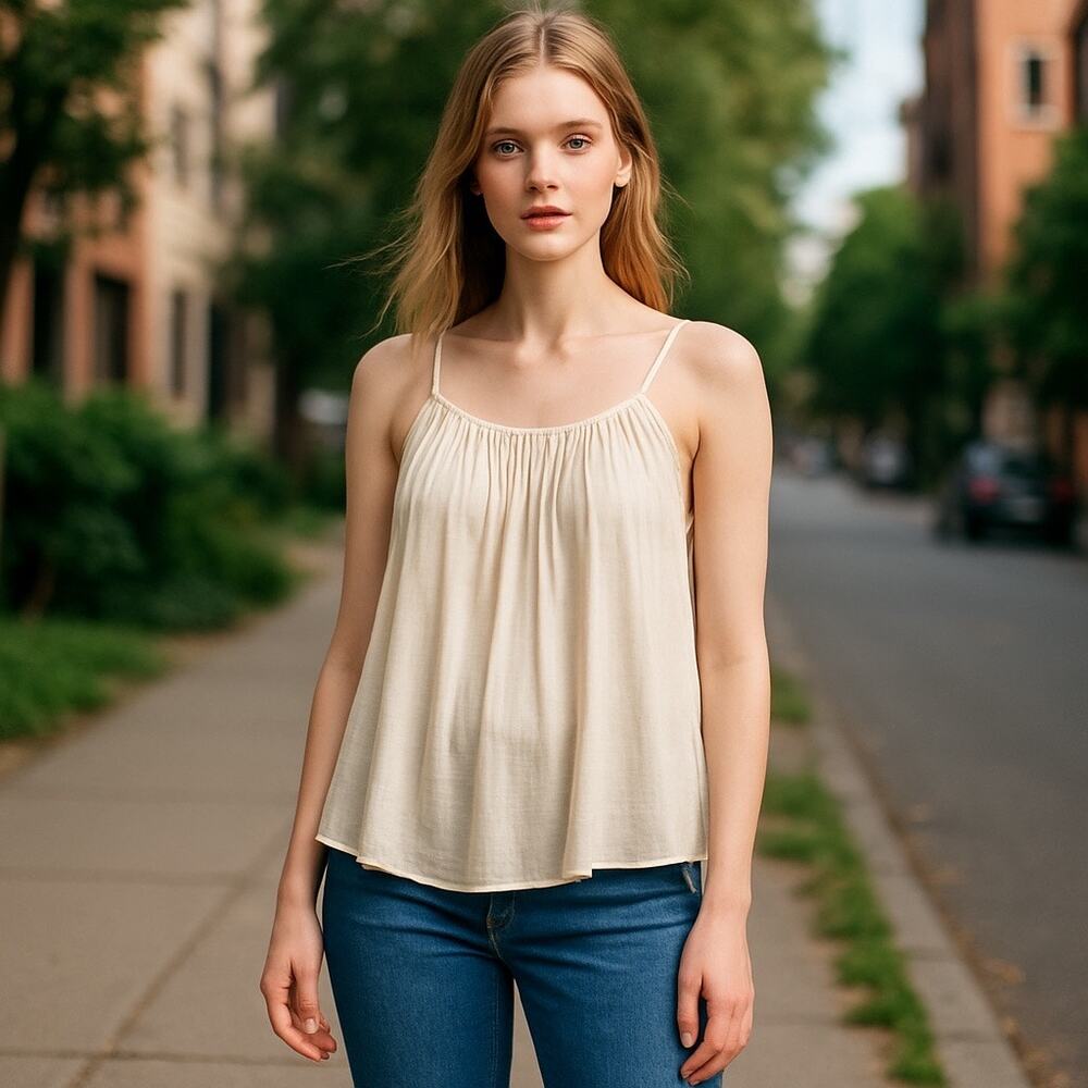 Womens Top Tank SZ L Beige Spaghetti Strap Pleats Sheer Lined Ruffle Worthington